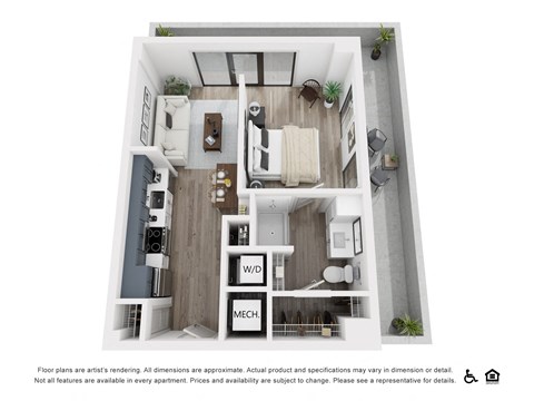 Floor plan for 1 bed, 1 bath, 484 sqft